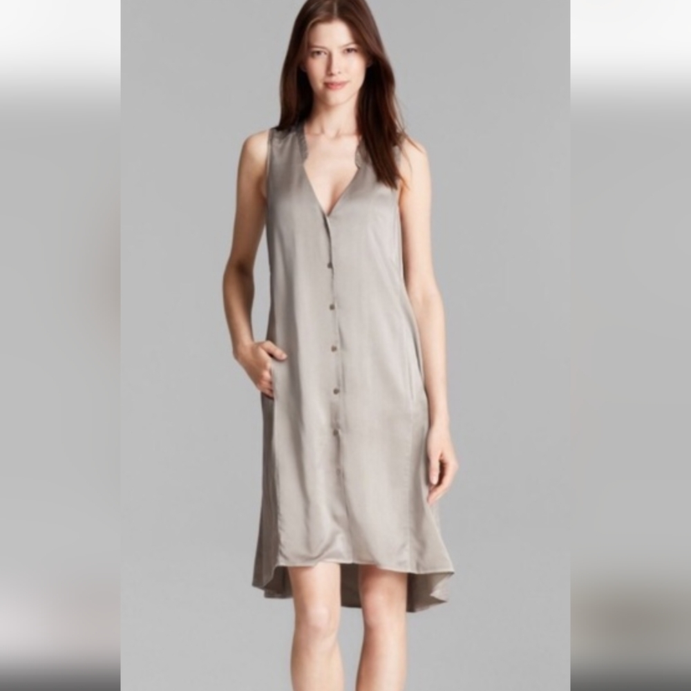 Eileen Fisher Taupe Tan Button Down Sleeveless 100% Silk Dress Large